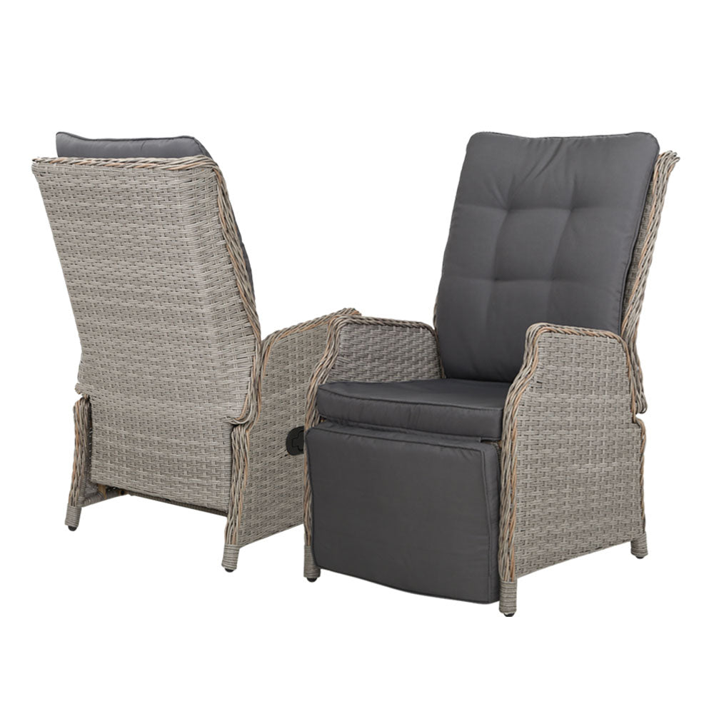 2Pc Recliner Chairs Sun Lounge Wicker Lounger Outdoor Grey