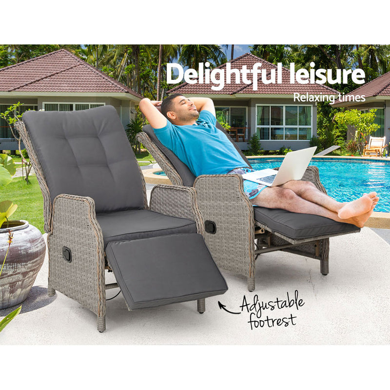 2Pc Recliner Chairs Sun Lounge Wicker Lounger Outdoor Grey - Furniture Setting Patio Sofa