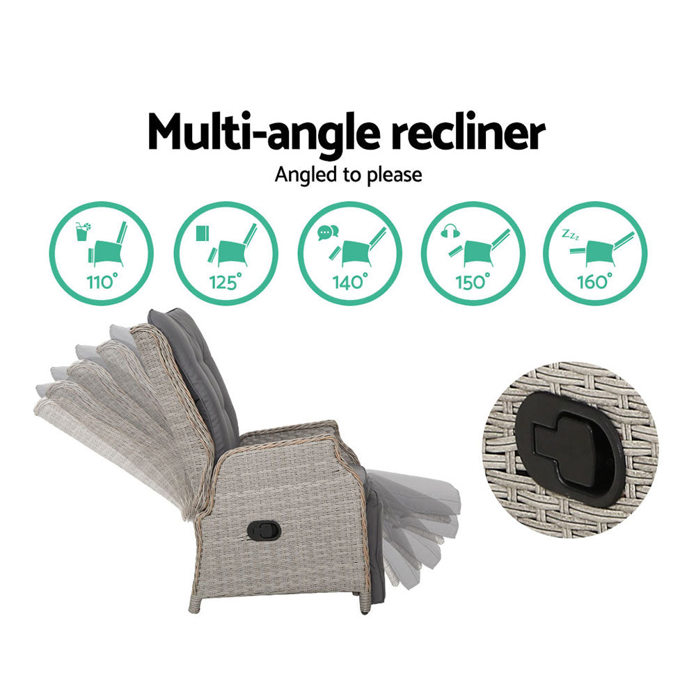 2Pc Recliner Chairs Sun Lounge Wicker Lounger Outdoor Grey