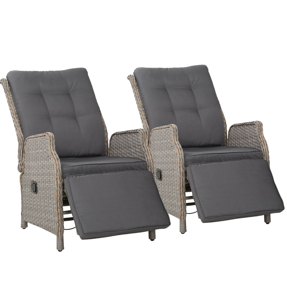 2Pc Recliner Chairs Sun Lounge Wicker Lounger Outdoor Grey