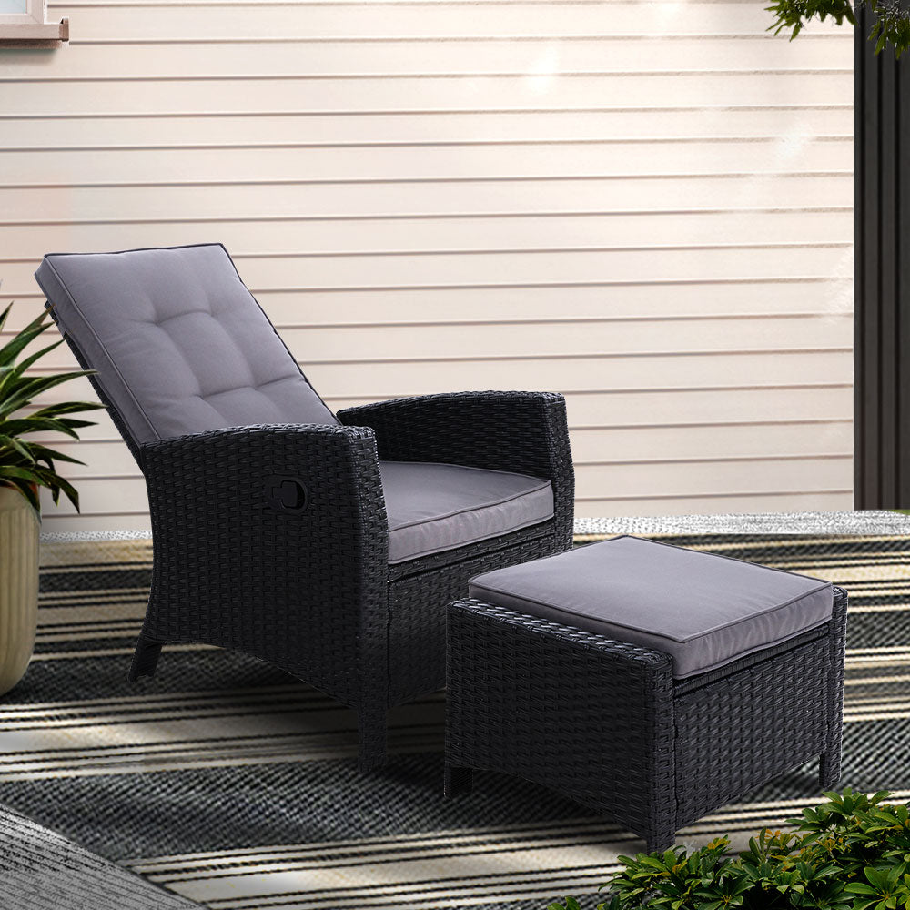 Recliner Chair Sun Lounge Wicker Lounger Outdoor Patio Furniture Black