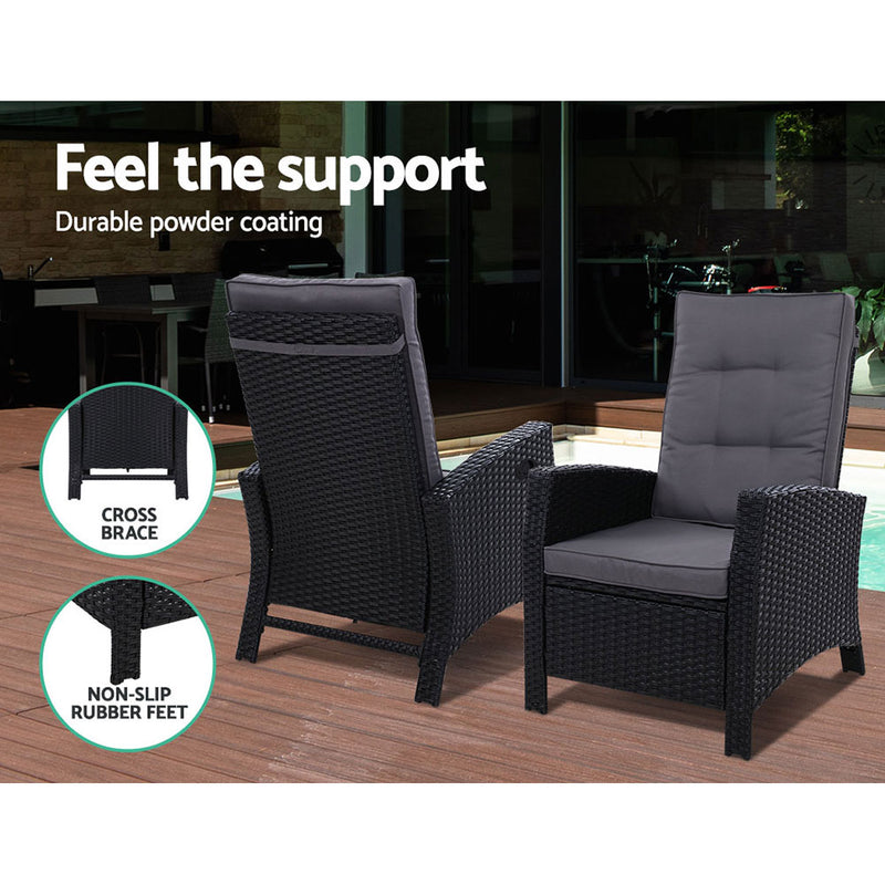 Outdoor Chairs - Recliner Chair Sun Lounge Wicker Lounger Outdoor Patio Furniture Black