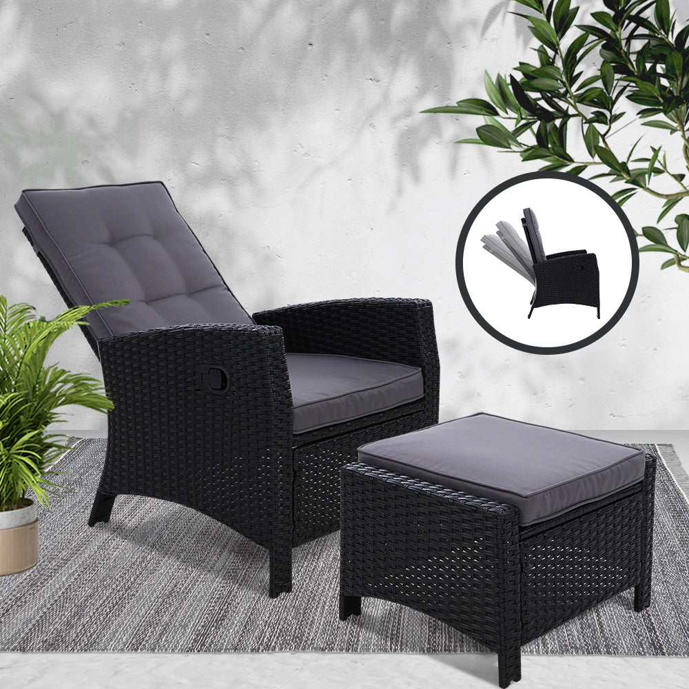 Recliner Chair Sun Lounge Wicker Lounger Outdoor Patio Furniture Black