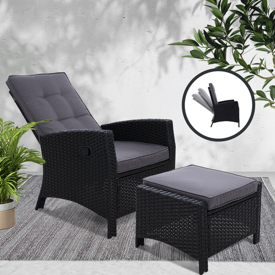 Recliner Chair Sun Lounge Wicker Lounger Outdoor Patio Furniture Black - Gardeon Garden Ottoman Odf