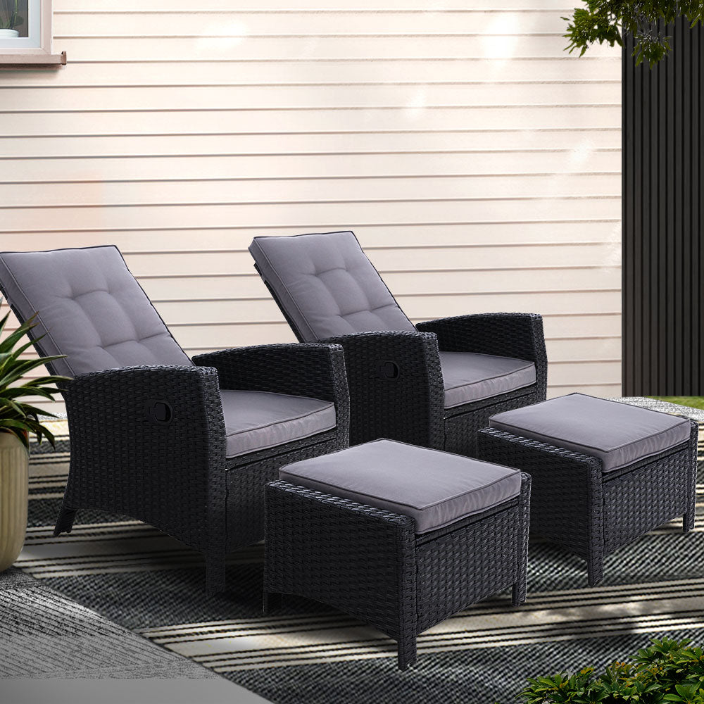 2Pc Recliner Chairs Sun Lounge Wicker Lounger Outdoor Furniture Black