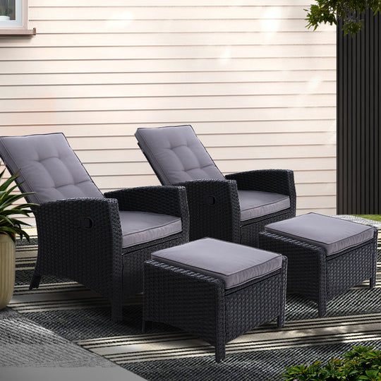 2Pc Recliner Chairs Sun Lounge Wicker Lounger Outdoor Furniture Black - Chair Patio Garden Odf