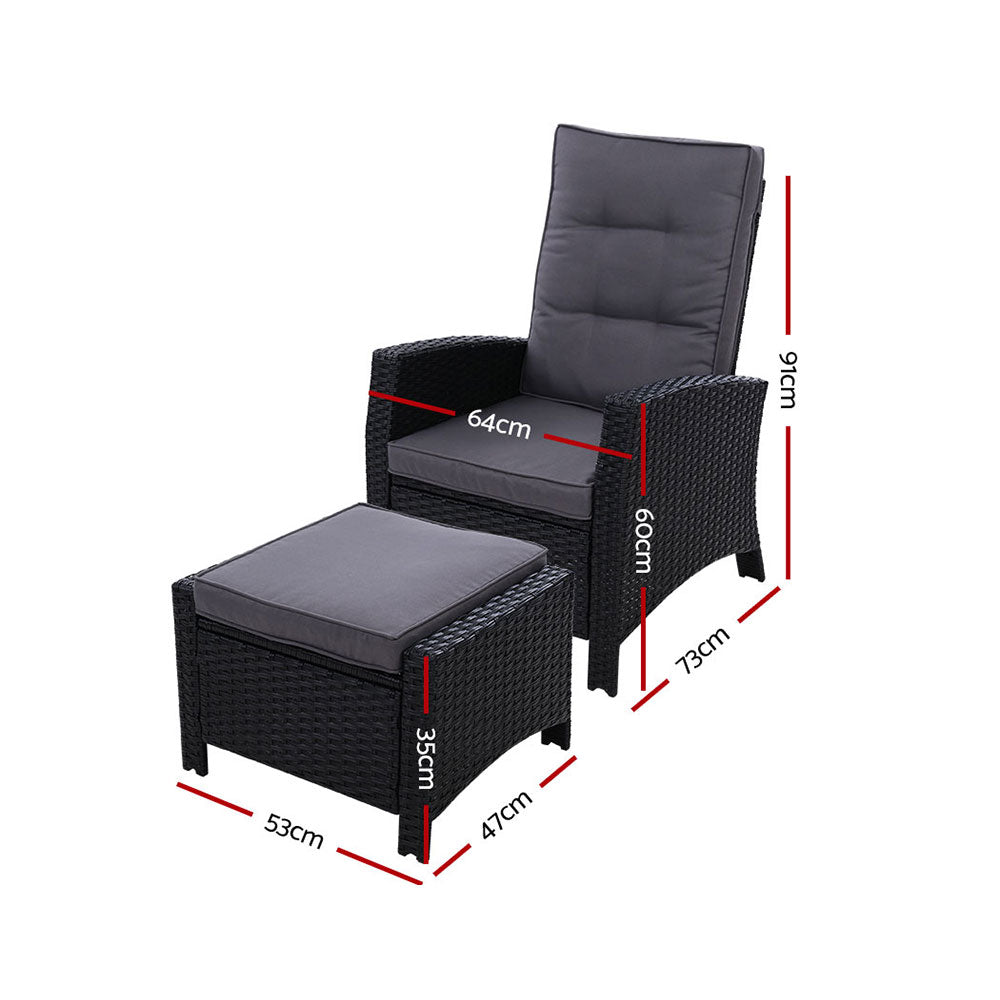 2Pc Recliner Chairs Sun Lounge Wicker Lounger Outdoor Furniture Black