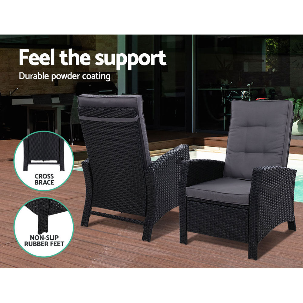 2Pc Recliner Chairs Sun Lounge Wicker Lounger Outdoor Furniture Black