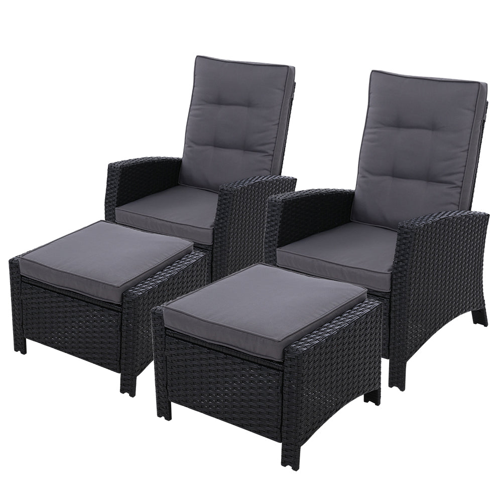 2Pc Recliner Chairs Sun Lounge Wicker Lounger Outdoor Furniture Black