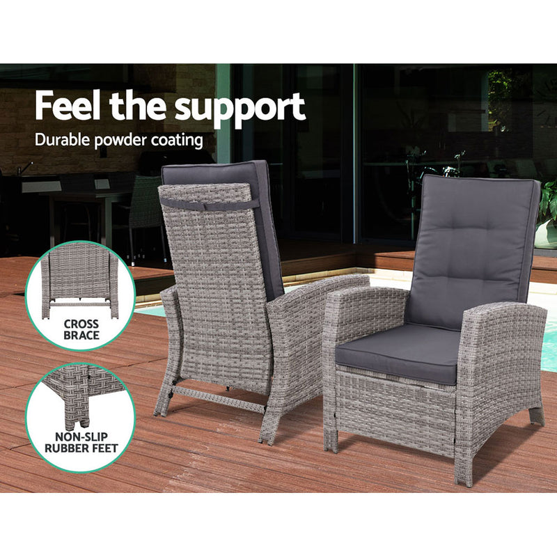 Recliner Chair Sun Lounge Wicker Lounger Outdoor Patio Furniture Grey - Gardeon Garden Ottoman Odf