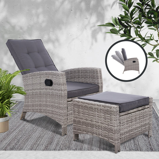 Gardeon Garden Ottoman Odf - Recliner Chair Sun Lounge Wicker Lounger Outdoor Patio Furniture Grey