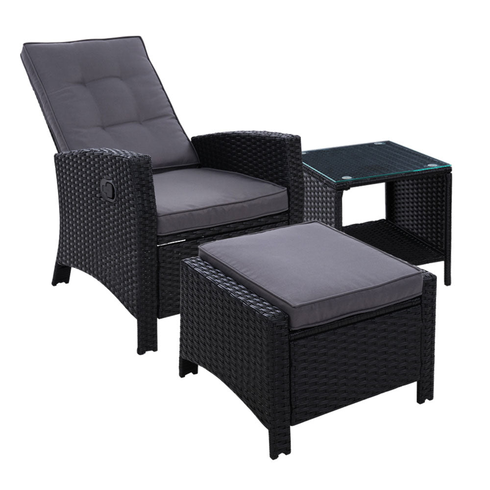Outdoor Chairs - 3Pc Recliner Chairs Table Sun Lounge Wicker Outdoor Furniture Black - photo 11