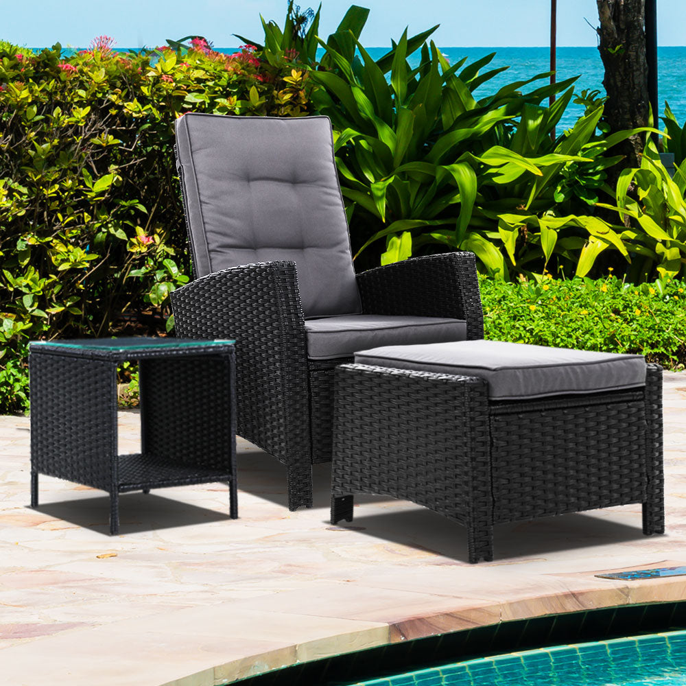 3Pc Recliner Chairs Table Sun Lounge Wicker Outdoor Furniture Black | Black colour