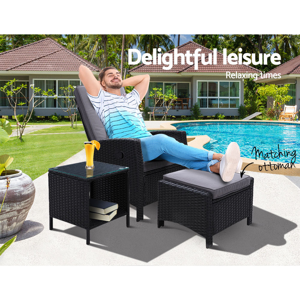 3Pc Recliner Chairs Table Sun Lounge Wicker Outdoor Furniture Black - Black colour