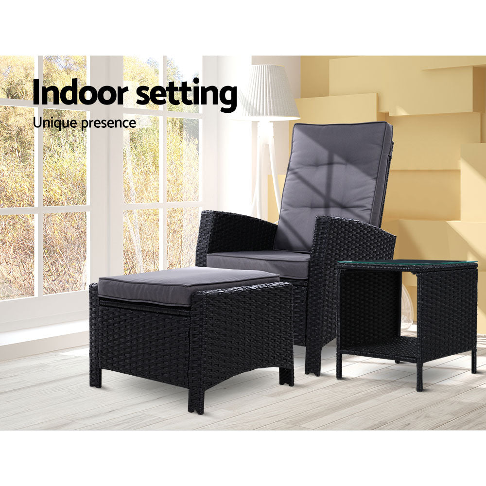3Pc Recliner Chairs Table Sun Lounge Wicker Outdoor Furniture Black with Outdoor Chairs