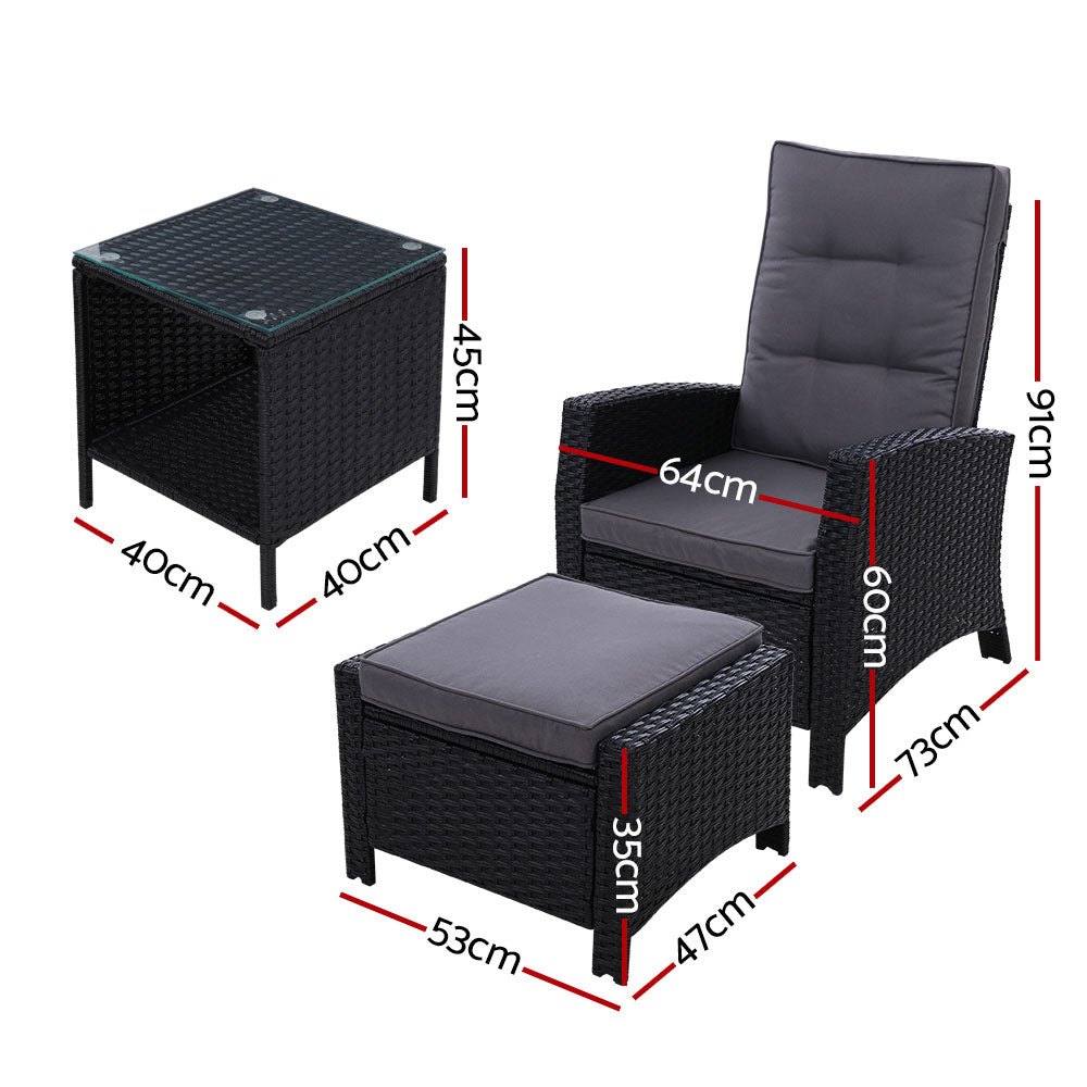 5Pc Recliner Chairs Table Sun Lounge Wicker Outdoor Furniture Black