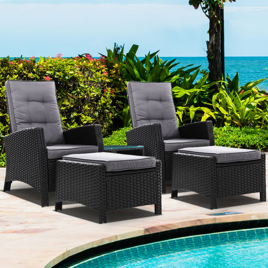 5Pc Recliner Chairs Table Sun Lounge Wicker Outdoor Furniture Black - Gardeon Patio Setting Odf