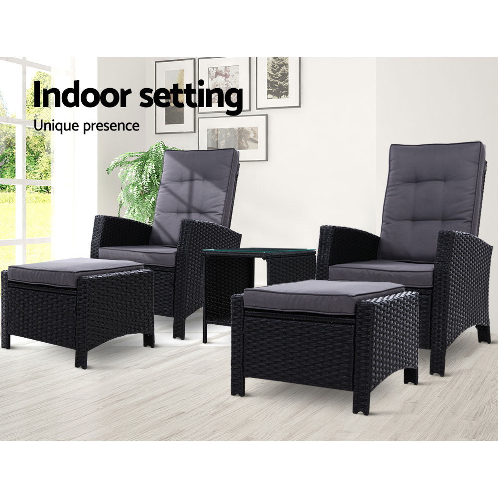 5Pc Recliner Chairs Table Sun Lounge Wicker Outdoor Furniture Black