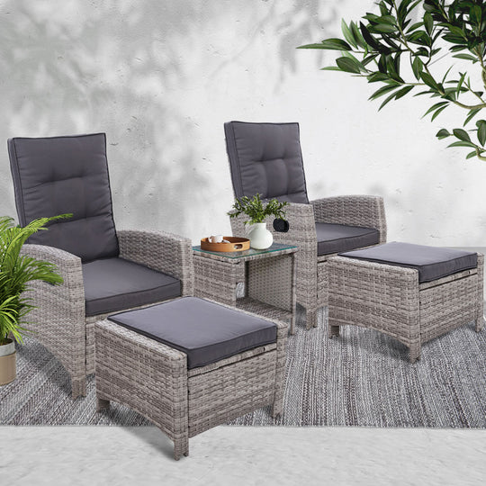 Gardeon Outdoor Patio Furniture Recliner Chairs Table Setting Wicker Lounge 5pc Grey | Outdoor Chairs
