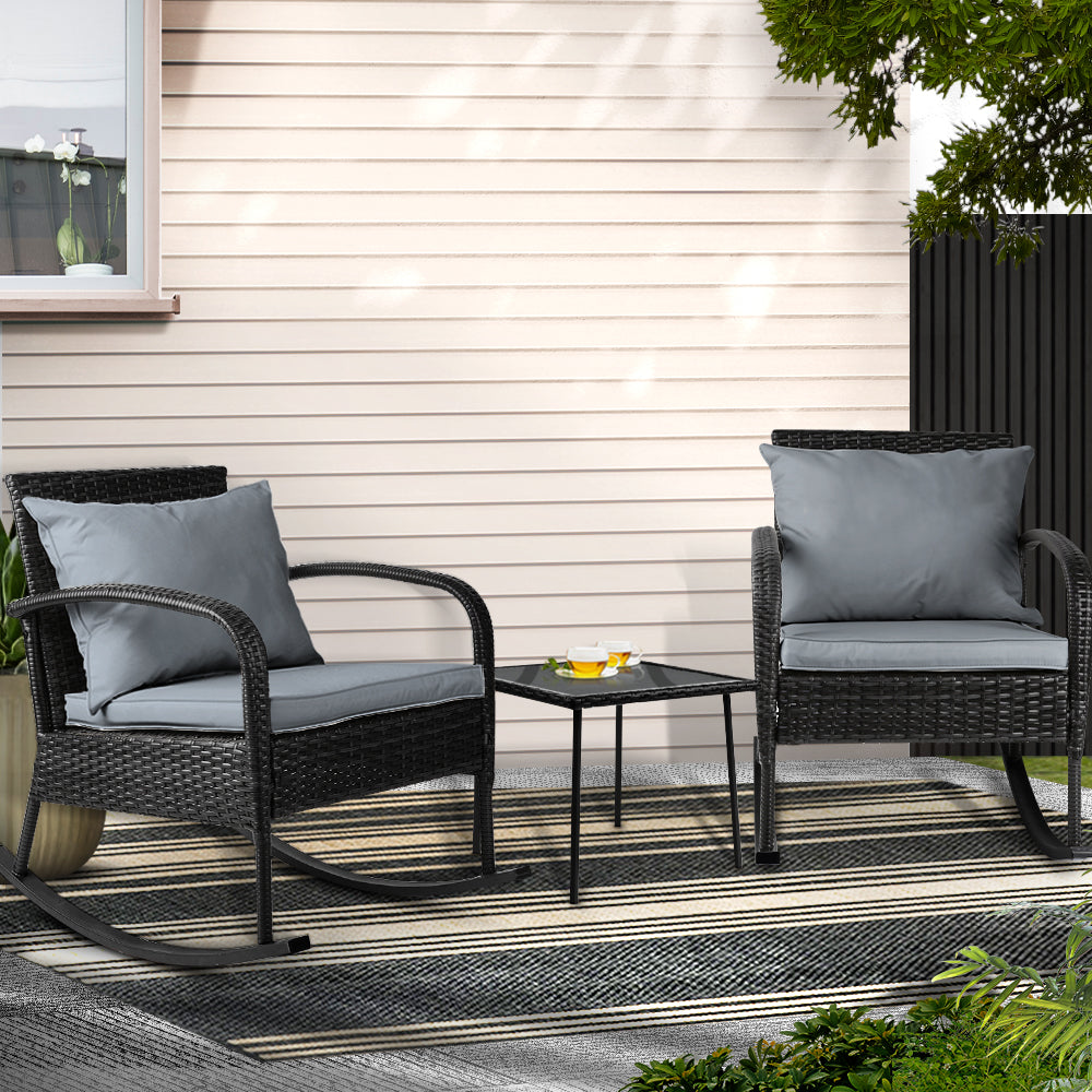 3Pc Rocking Chair Table Wicker Outdoor Furniture Patio Bistro Set Black | Gardeon Piece Odf Rock