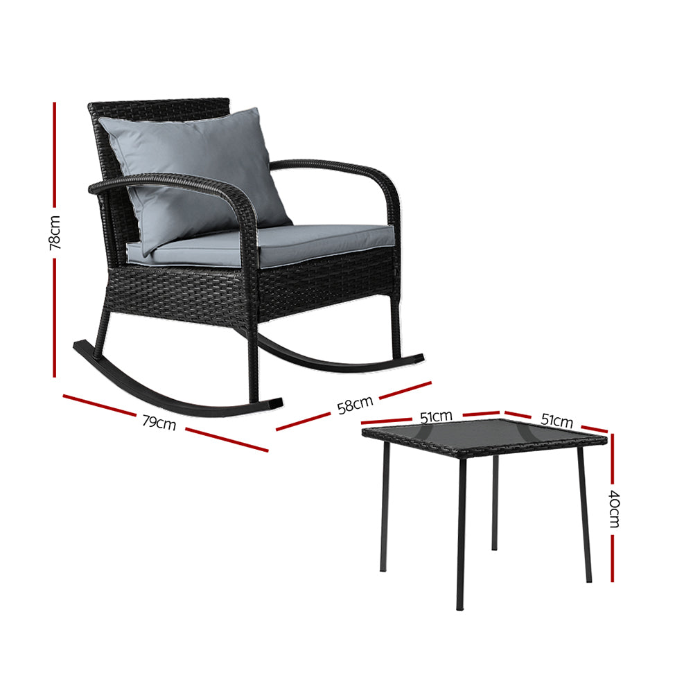 3Pc Rocking Chair Table Wicker Outdoor Furniture Patio Bistro Set Black | Outdoor Chairs