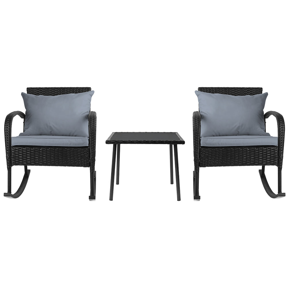 3Pc Rocking Chair Table Wicker Outdoor Furniture Patio Bistro Set Black, Gardeon Piece Odf Rock