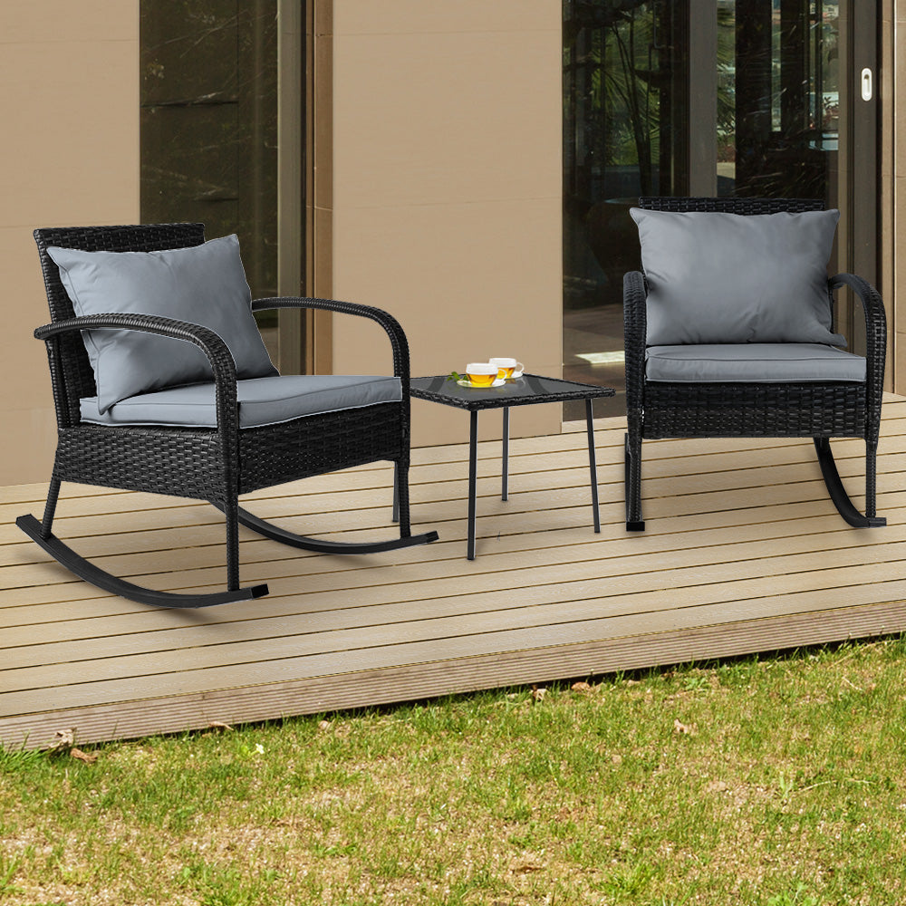 Gardeon Piece Odf Rock - 3Pc Rocking Chair Table Wicker Outdoor Furniture Patio Bistro Set Black