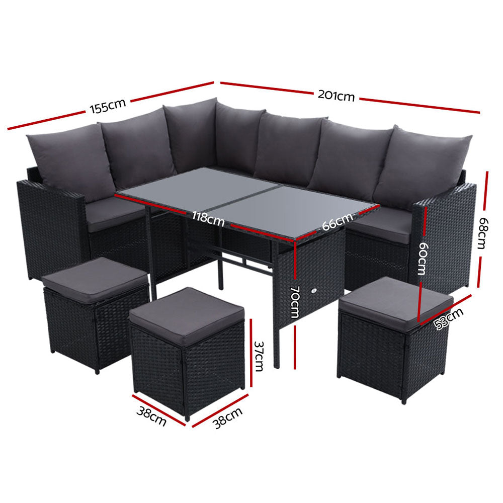Outdoor Furniture Dining Setting Sofa Set Lounge Wicker 9 Seater Black