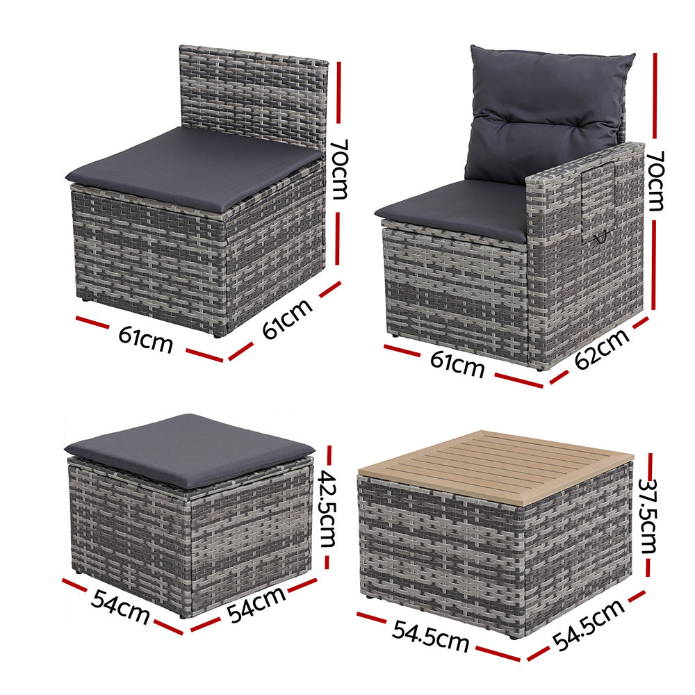 5 Pieces Outdoor Sofa Set 4-Seater Grey Rattan Patio Furniture Table and Chair Setting, Outdoor Sofas & Lounge Sets
