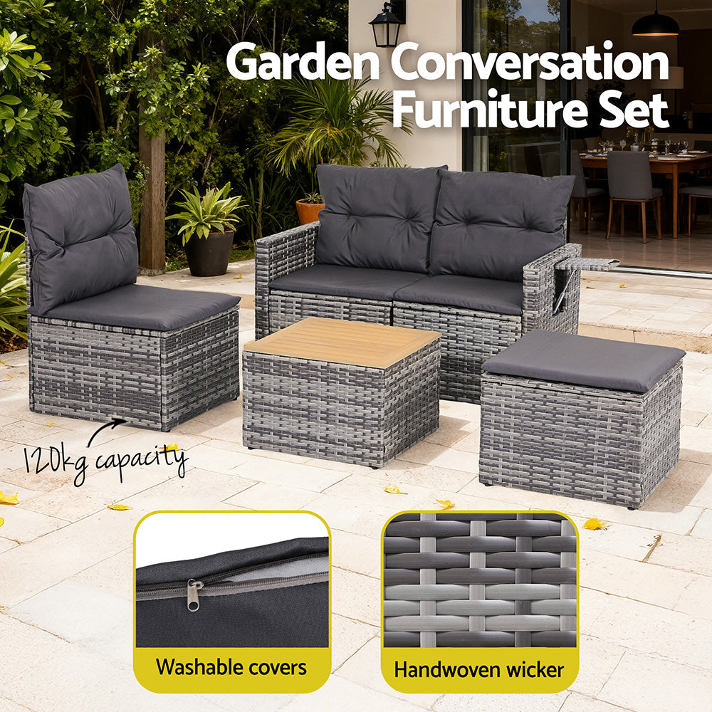 Grey colour - 5 Pieces Outdoor Sofa Set 4-Seater Grey Rattan Patio Furniture Table and Chair Setting