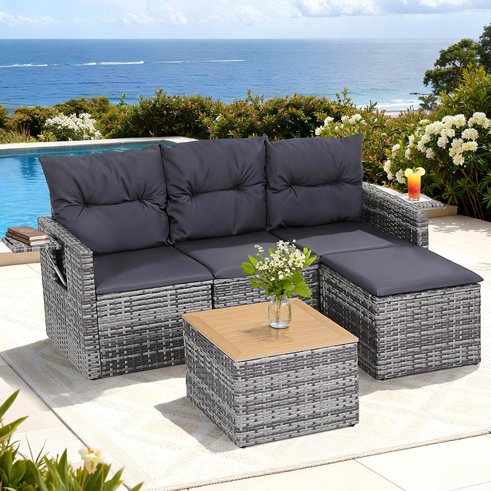 Rattan finish - 5 Pieces Outdoor Sofa Set 4-Seater Grey Rattan Patio Furniture Table and Chair Setting