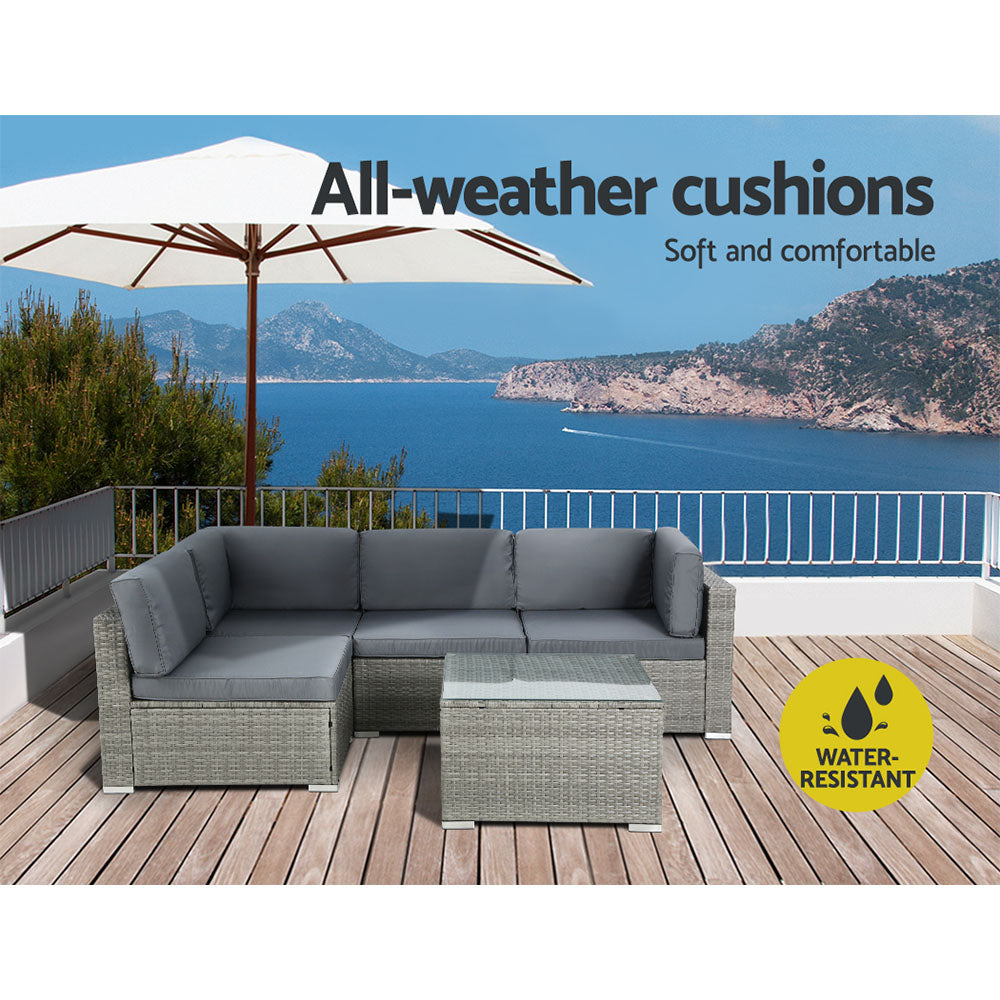 5-Piece Outdoor Sofa Set Wicker Couch Lounge Setting 4 Seater Grey