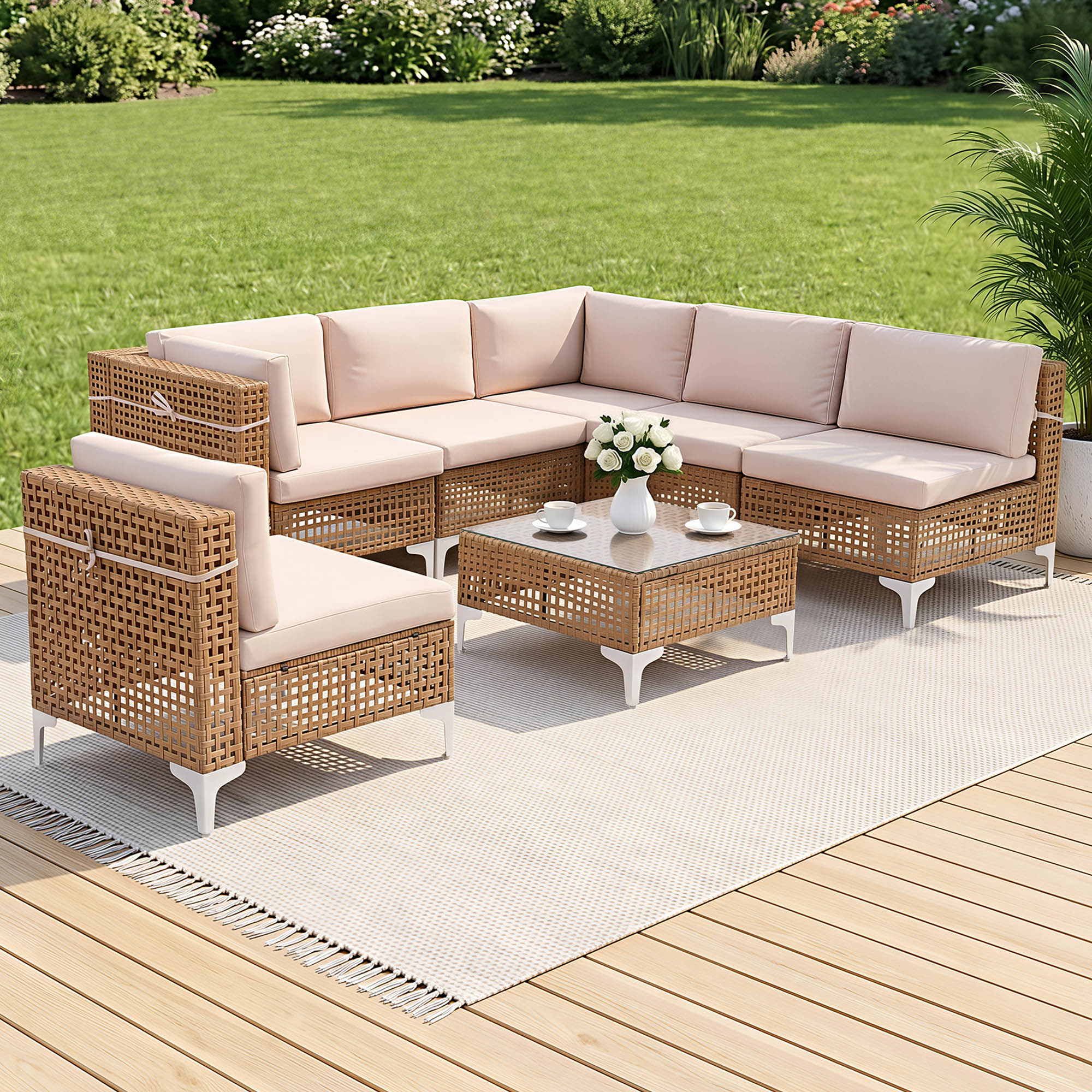 6 Seater Rattan Outdoor Sofa Set 7 Piece | Simpledeals