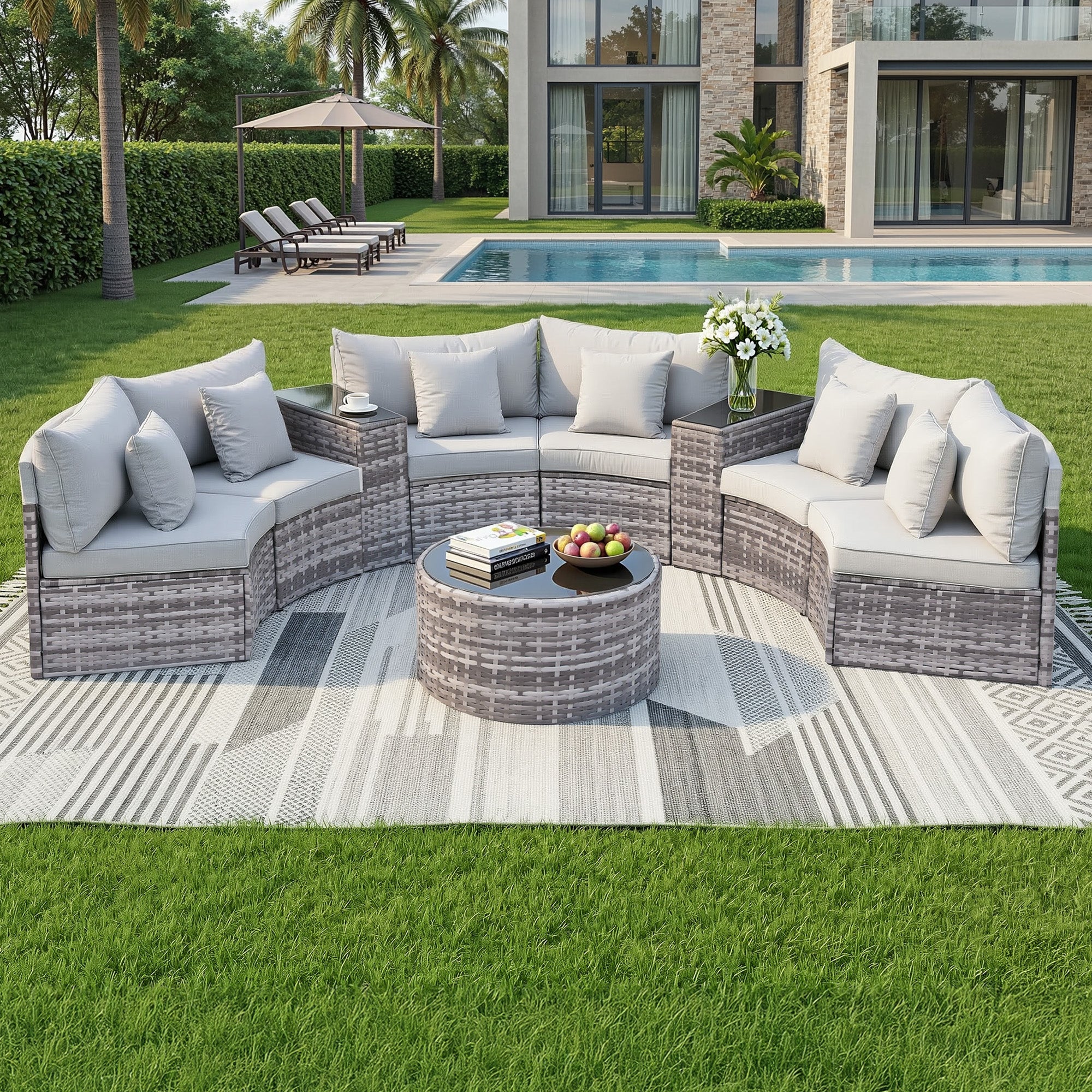 9 Piece Outdoor Rattan Sofa Six Seater with Cushions