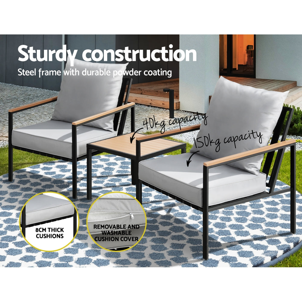 3-Piece Outdoor Bistro Furniture Set Black Lounge Chairs and Table Patio