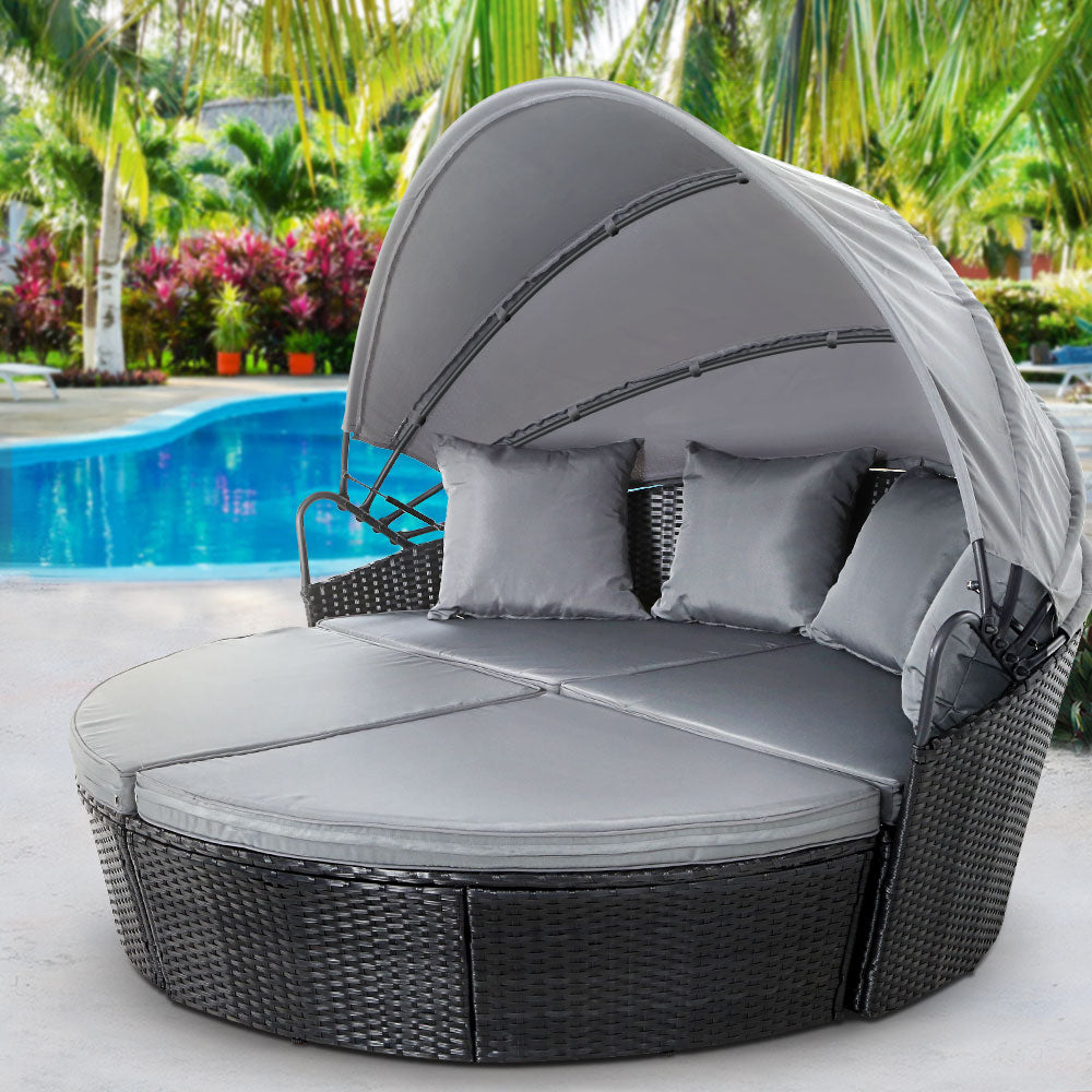 Sun Lounge Setting Sofa Wicker Lounger Day Bed Outdoor Furniture Patio Black