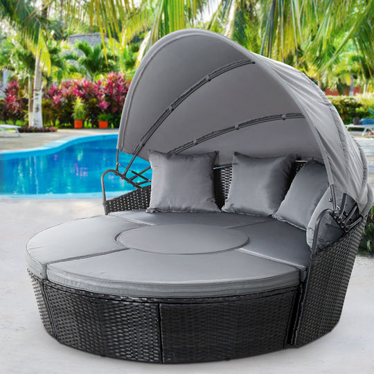 Black colour - Sun Lounge Setting Wicker Lounger Day Bed Patio Outdoor Furniture Black
