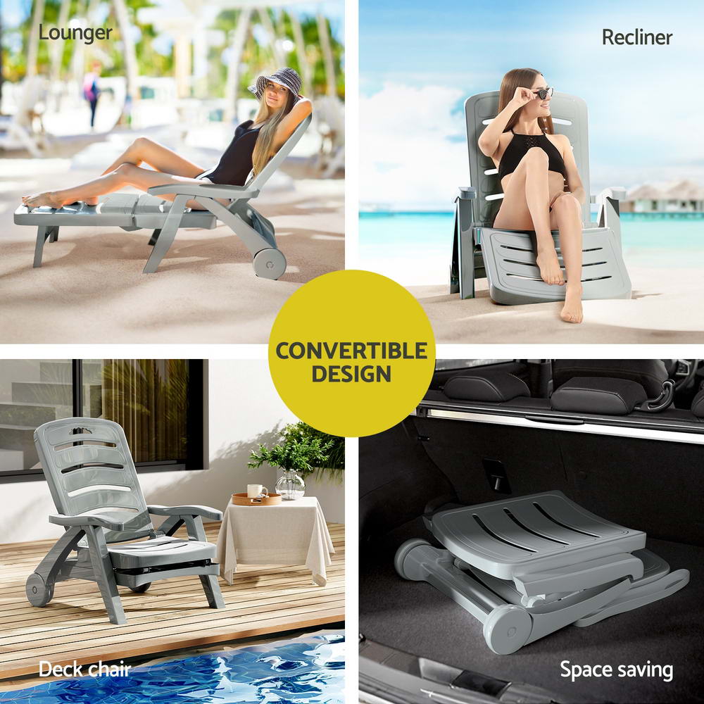 Sun Lounger Folding Lounge Chair Wheels Patio Outdoor Furniture
