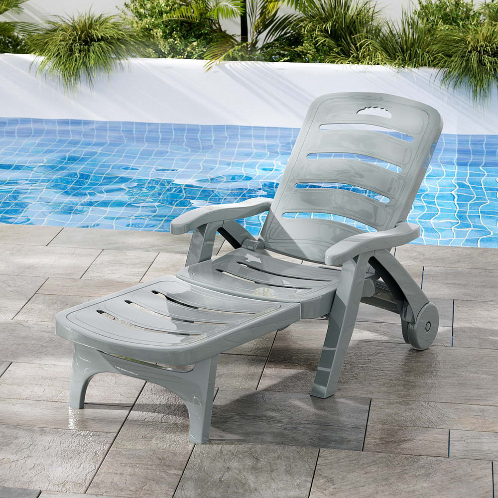 Sun Lounger Folding Lounge Chair Wheels Patio Outdoor Furniture