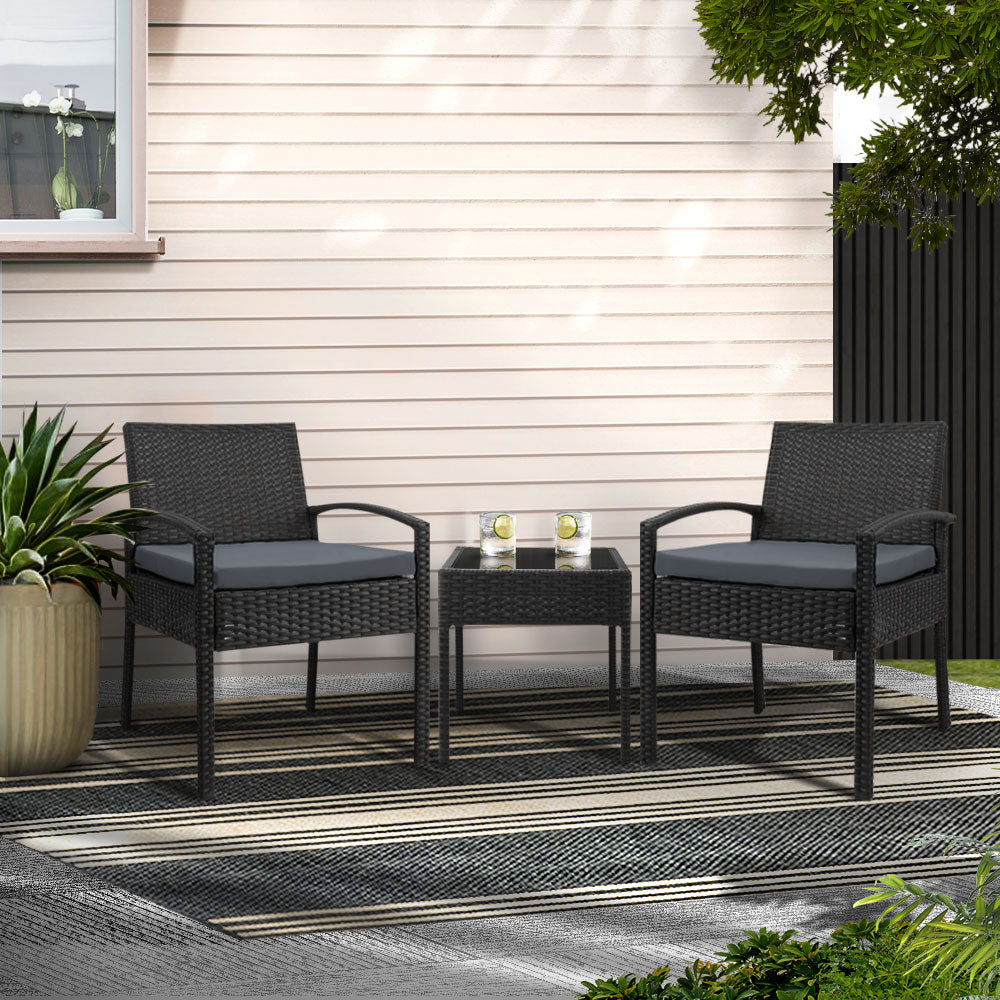3Pc Patio Furniture Bistro Set Wicker Outdoor Lounge Setting Black | Gardeon Piece Odf Tea