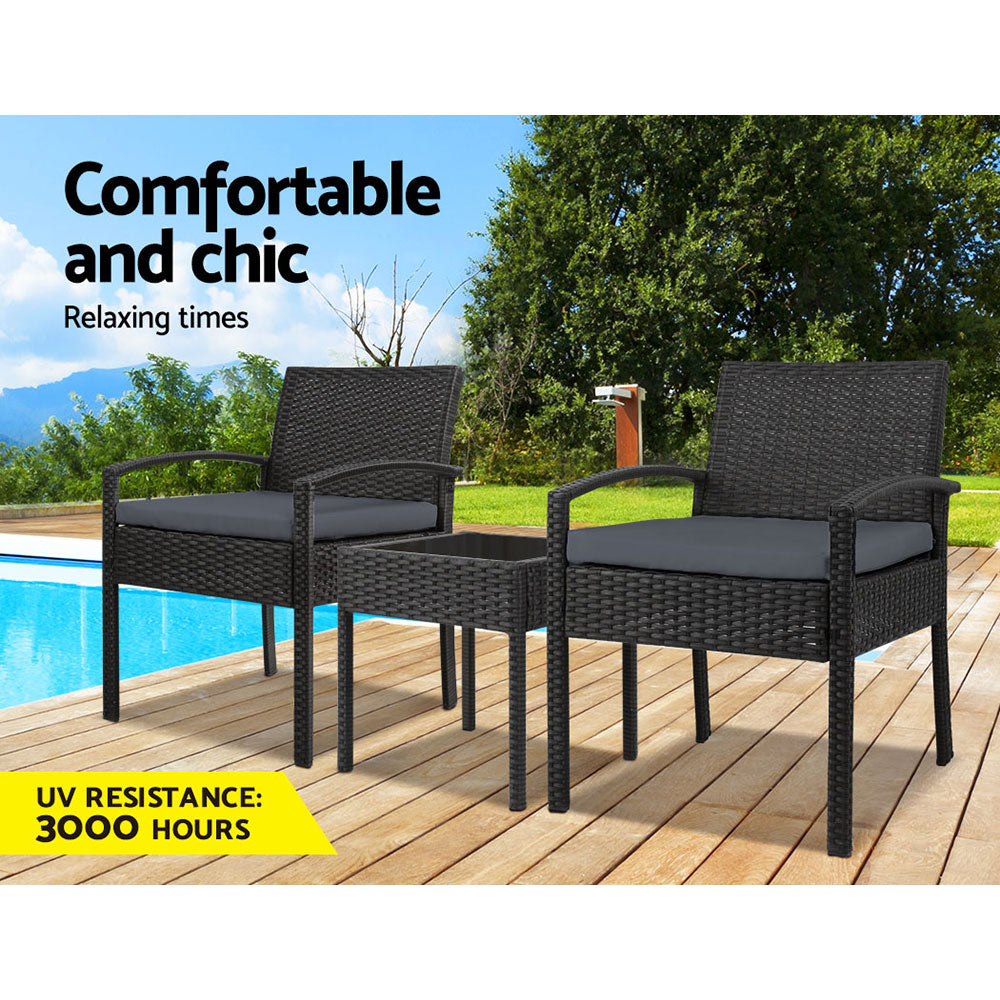 3Pc Patio Furniture Bistro Set Wicker Outdoor Lounge Setting Black, Gardeon Piece Odf Tea