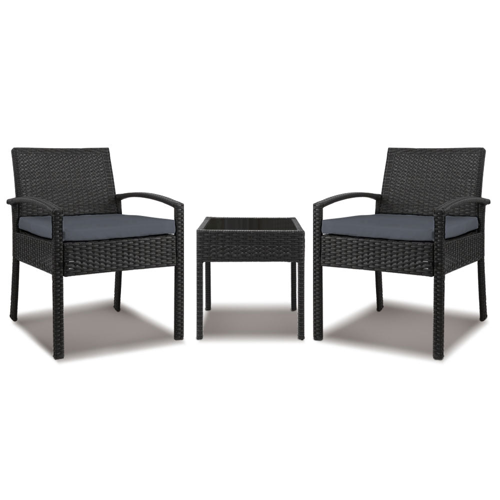 Black colour - 3Pc Patio Furniture Bistro Set Wicker Outdoor Lounge Setting Black