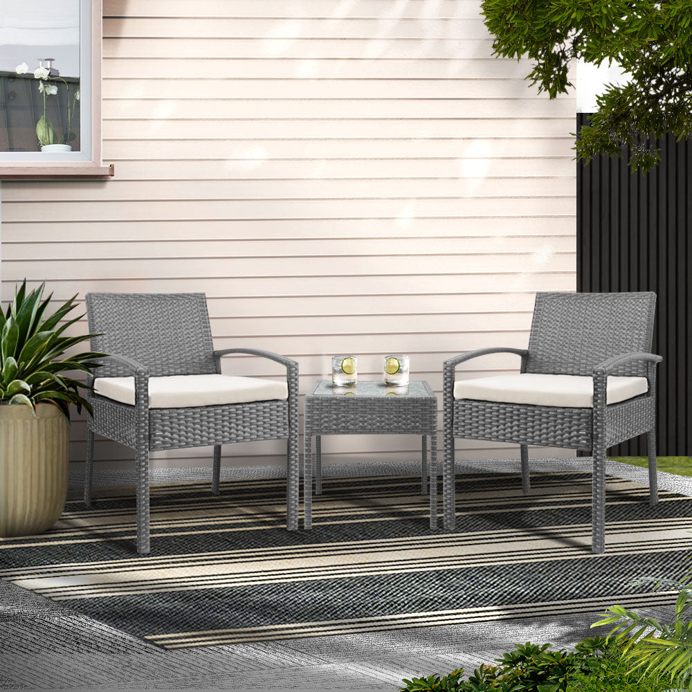 3Pc Patio Furniture Bistro Set Wicker Outdoor Lounge Setting Grey