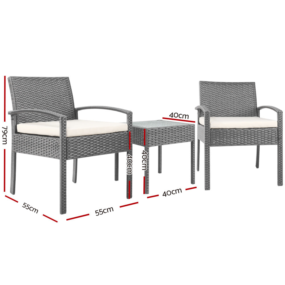 3Pc Patio Furniture Bistro Set Wicker Outdoor Lounge Setting Grey