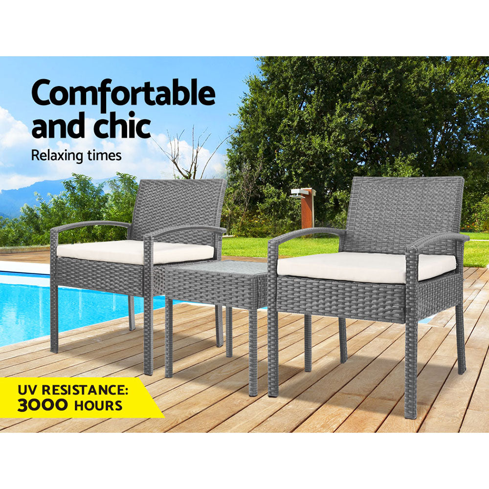3Pc Patio Furniture Bistro Set Wicker Outdoor Lounge Setting Grey