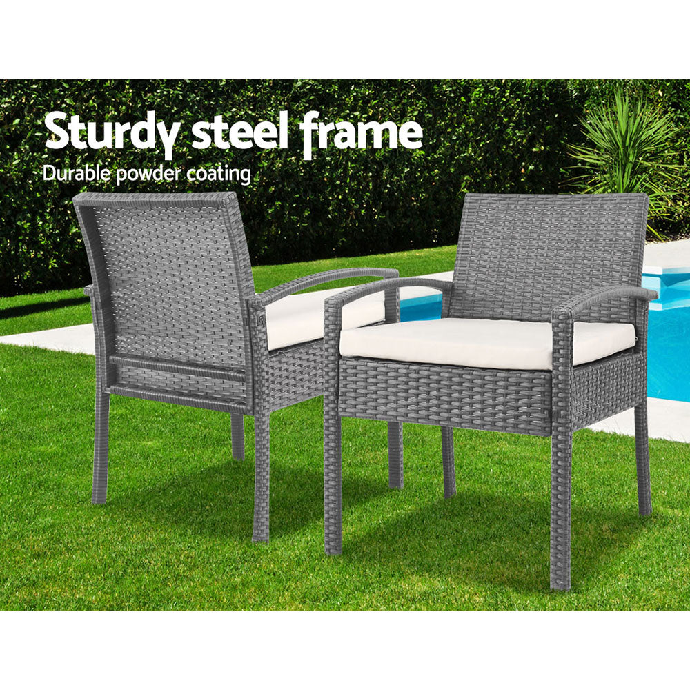 3Pc Patio Furniture Bistro Set Wicker Outdoor Lounge Setting Grey