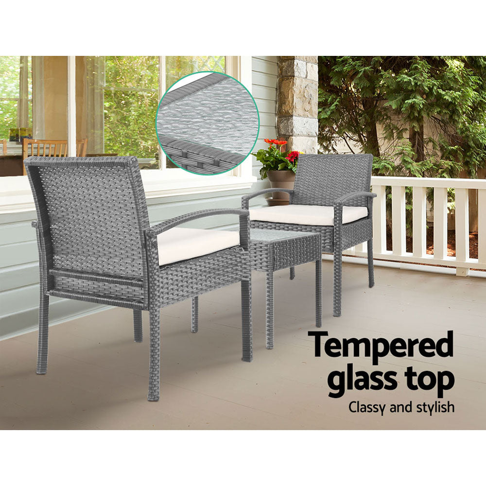 3Pc Patio Furniture Bistro Set Wicker Outdoor Lounge Setting Grey
