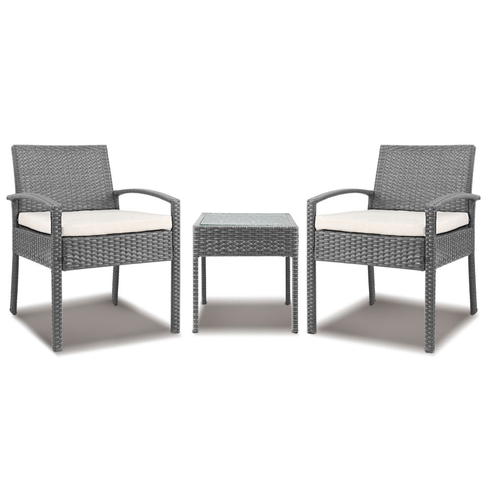 3Pc Patio Furniture Bistro Set Wicker Outdoor Lounge Setting Grey