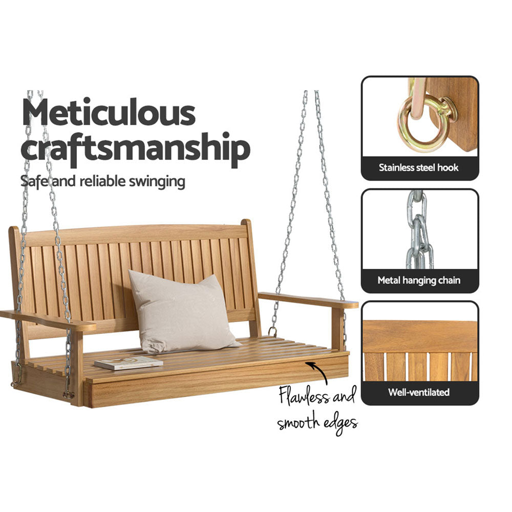 Wooden finish - Porch Swing Chair With Chain Outdoor Wooden Bench 2 Seat Teak