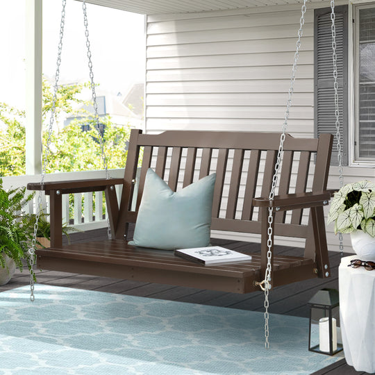 Wooden finish - Porch Swing Chair with Chain Garden Bench Outdoor Furniture Wooden Brown